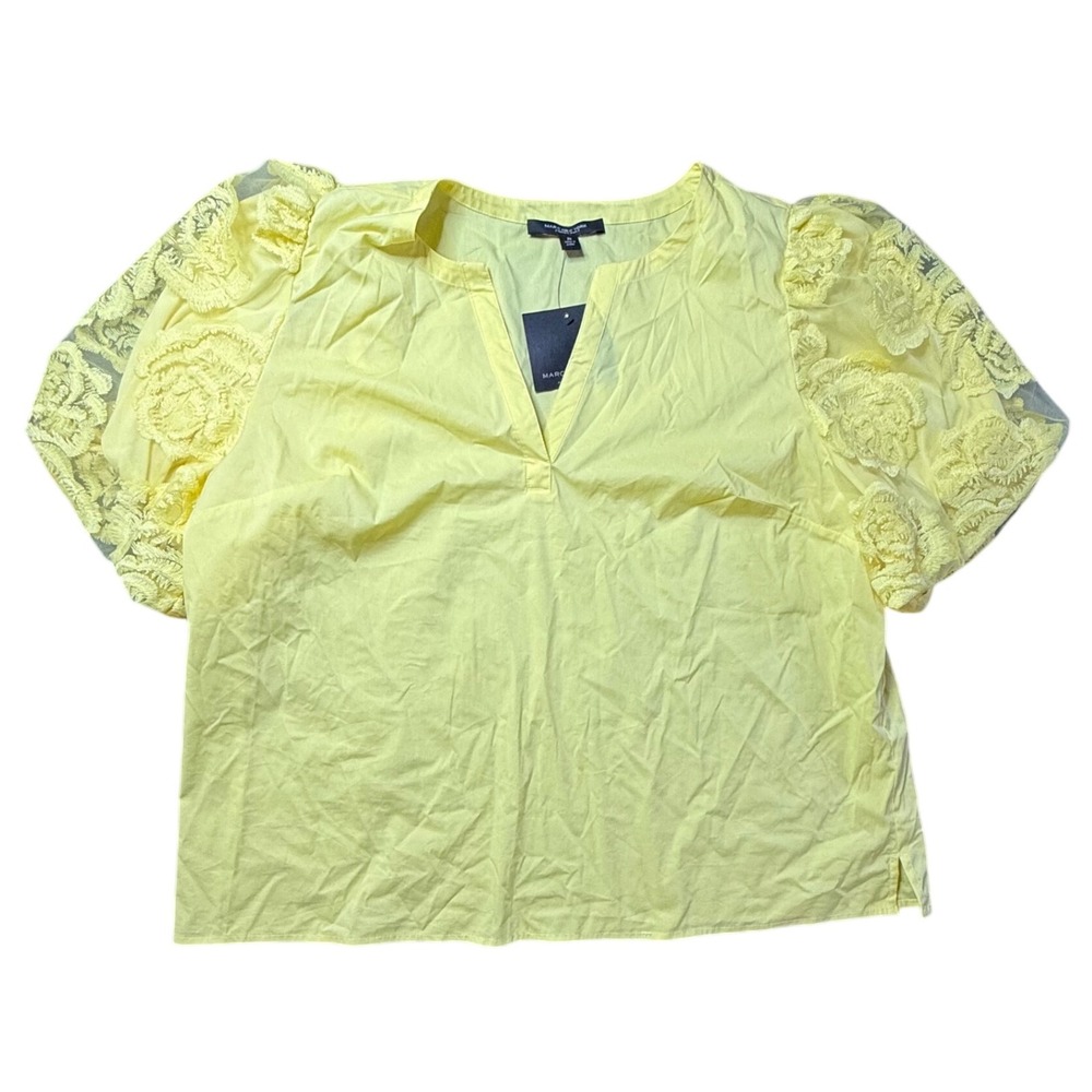 Marc New York Andrew Marc Yellow Popcorn Lace Puff Sleeve V-Neck Top 2X